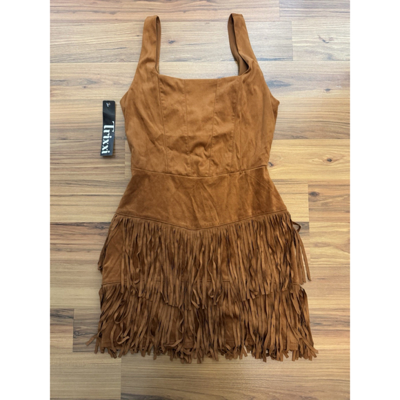 Trixxi Faux Suede Fringe Mini Dress Medium Western Boho Festival Cowgirl Brown - Picture 10 of 10